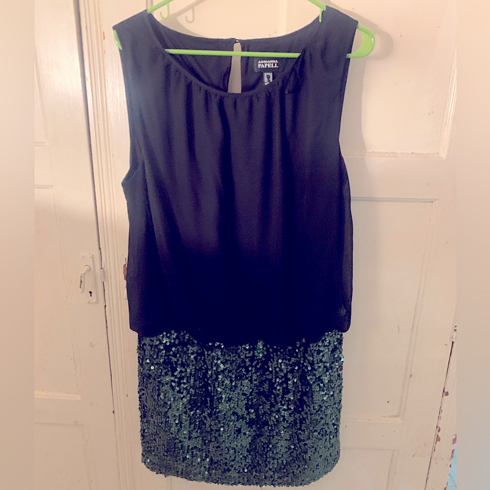 Adrianna Pappell Dress: Black with Green Sequin Bottom - 14